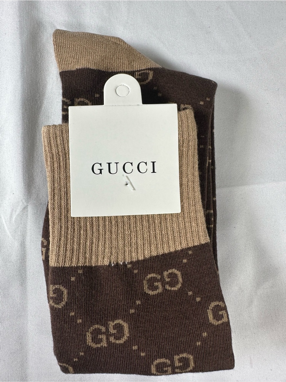 Fashion Luxury Chocolate & Tan GG Pattern Crew Socks “17 cuff to toe (Unisex)